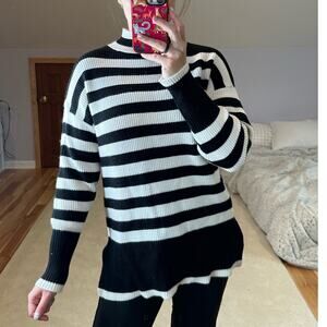 Philosophy: Mock Neck  Black and White Color blocked Stripped Sweater
